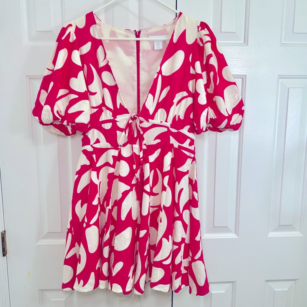 House of Harlow 1960 Pink & White Puff Sleeve Deep V-Neck Mini Dress Size 10